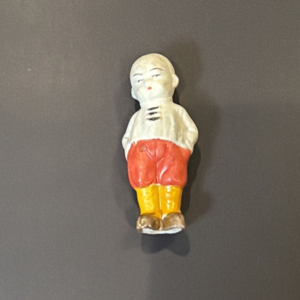 Vintage Ceramic Bisque Asian Boy Baby Doll with Pigtail 2 3/4" Japan